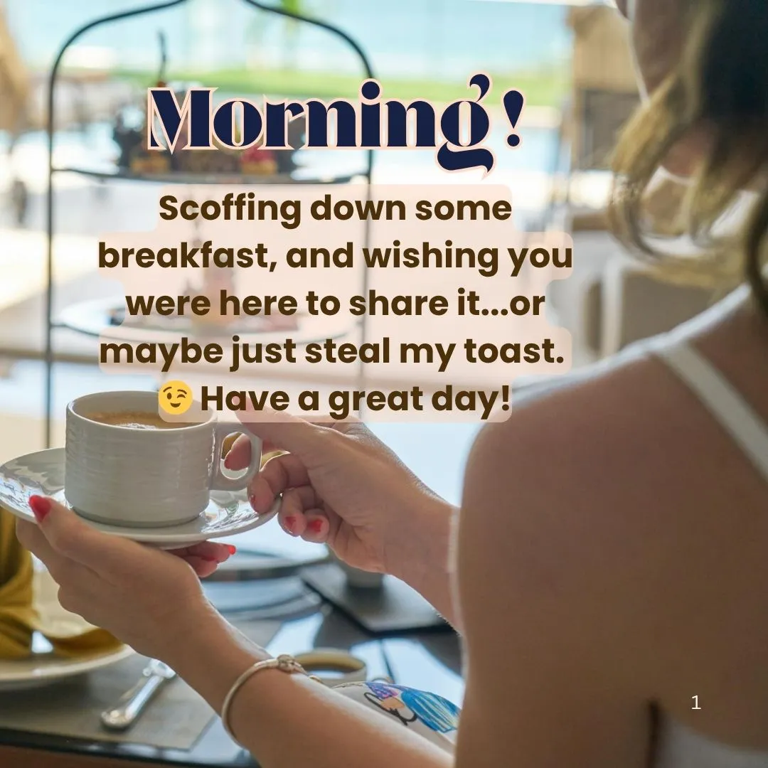 Morning Breakfast with Message for Husband Image – Toast and Love Vibes Breakfast Coffee and Setup with playful good morning message for husband about sharing toast and missing each other