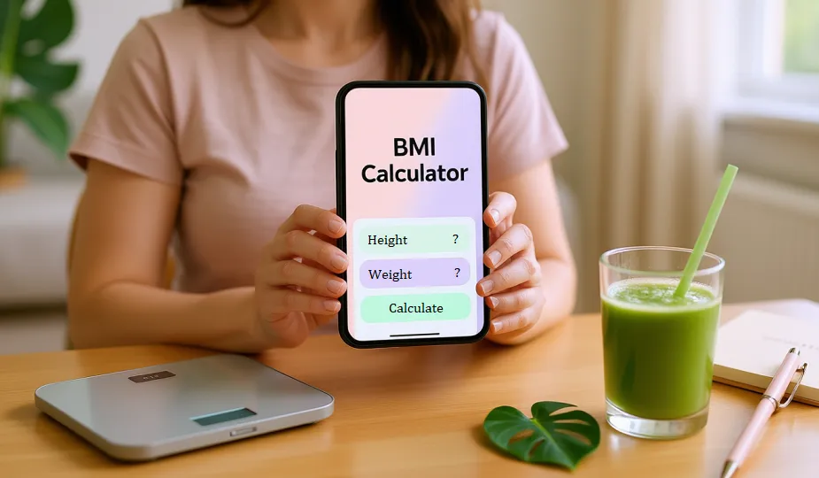 A woman using a pastel-coloured BMI Calculator app on her phone, with a smart scale and a healthy green smoothie on a wooden table, representing a holistic approach to health.