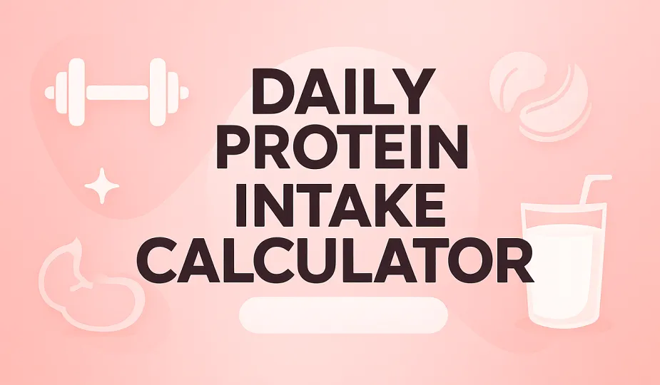 Light pink fitness-themed background with icons and title Daily Protein Intake Calculator