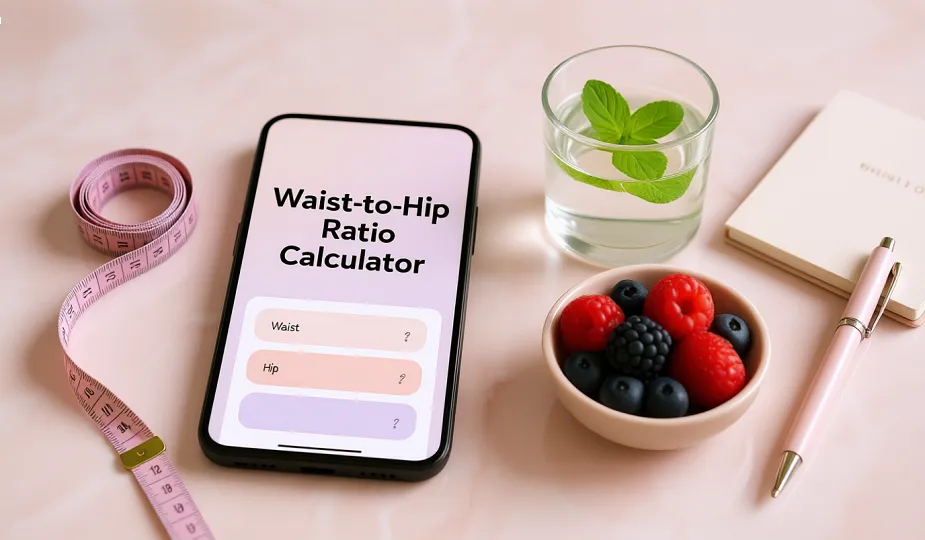 Smartphone showing a pastel-designed Waist to Hip Ratio Calculator app for UK women, with a soft measuring tape and notebook on a marble surface.