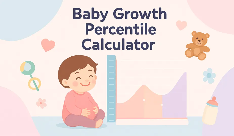 Illustration of a happy baby with a growth chart and playful icons in pastel colours, representing a baby growth percentile calculator