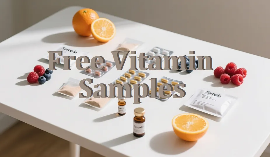 Flat lay of free vitamin samples: sachets, blister packs, and mini bottles with fresh fruits on a white background – UK women’s health and wellness.