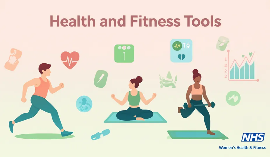 Illustration of diverse people using health and fitness tools including jogging, yoga, weight tracking, and wellness monitoring