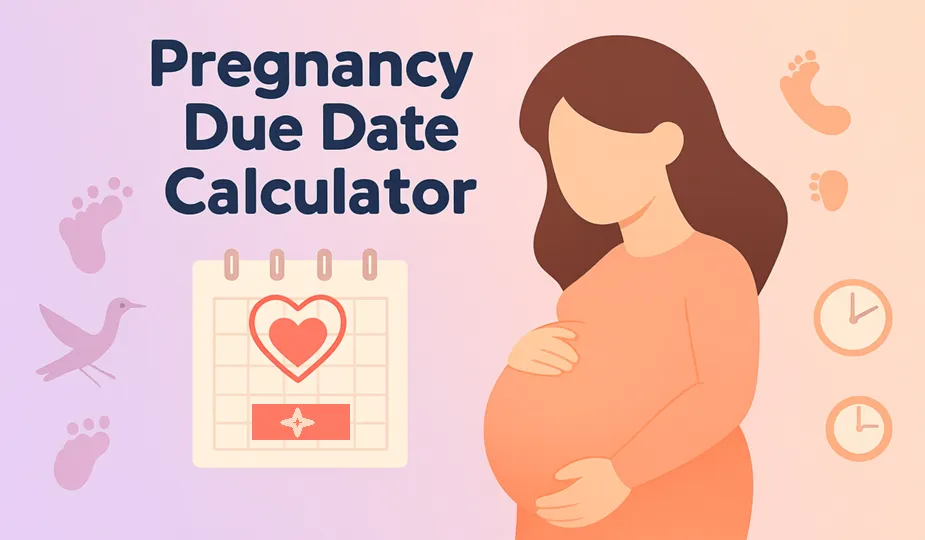 Illustration of a pregnant woman with a calendar highlighting a due date in pastel pink and lavender, representing a pregnancy due date calculator