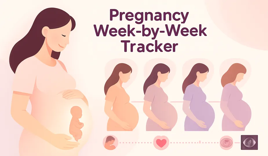 Illustration of a pregnant woman with a Pregnancy Week-by-Week Tracker, timeline showing baby growth stages