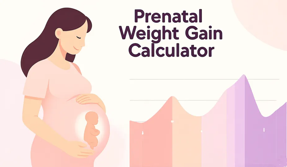 Illustration of a pregnant woman beside a weight chart in soft pastel colours on the prenatal weight gain calculator representing healthy prenatal weight gain