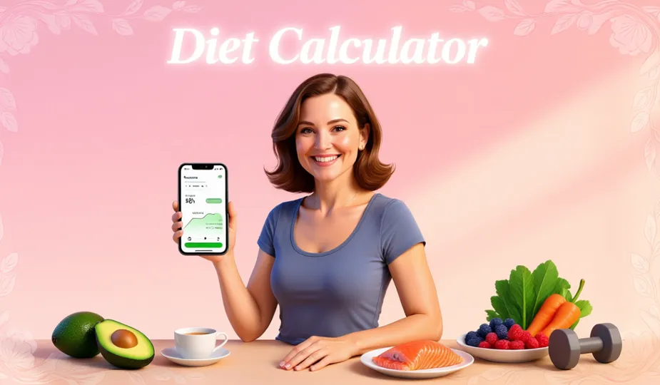 A healthy smiling woman using our Diet Calculator app on a tablet, showing personalized nutrition planning with fresh healthy foods and soft pink background - professional weight loss and wellness tool for UK women