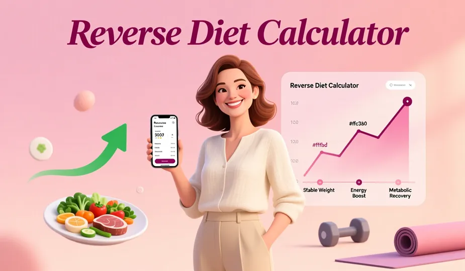 Confident woman celebrating reverse diet success with metabolic recovery charts and maintenance tracking on smartphone, featuring elegant Reverse Diet Calculator text and soft pink wellness background - sustainable weight management for UK women