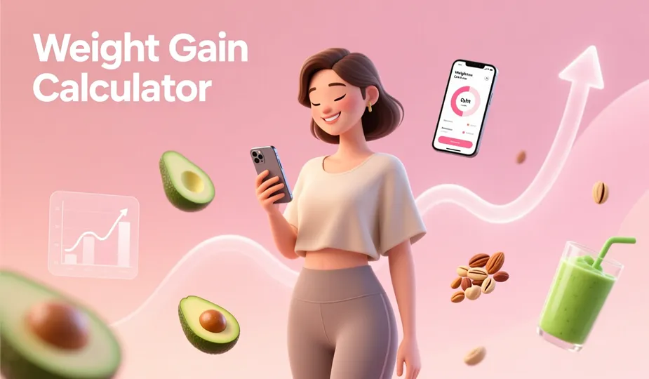 Weight Gain Calculator: Woman tracking healthy weight gain on a modern app with progress chart and healthy food icons.
