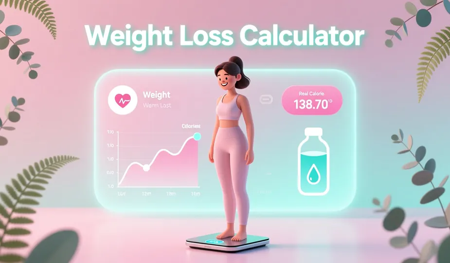 Woman tracking weight loss progress using modern digital weight loss calculator with progress chart and motivational visuals