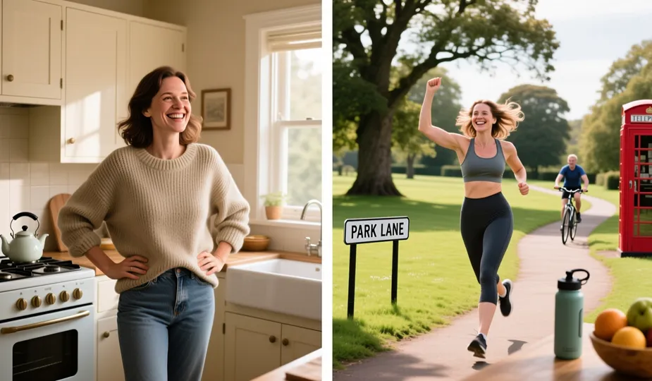 Before and after image of a smiling British woman showing a healthy 12-week transformation inspired by the free NHS weight loss plan, highlighting confidence, energy, and wellbeing through balanced eating and exercise.
