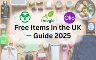 Flat-lay of free household items and food with UK-themed design representing how to get free items in the UK.