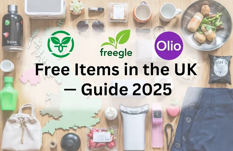Flat-lay of free household items and food with UK-themed design representing how to get free items in the UK.