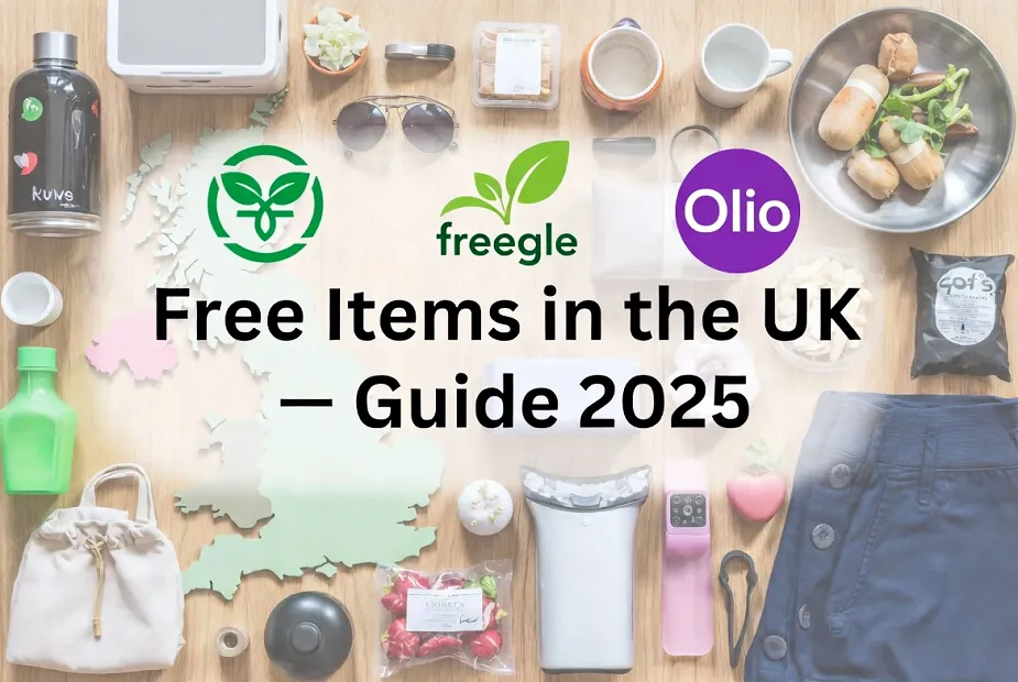 Flat-lay of free household items and food with UK-themed design representing how to get free items in the UK.