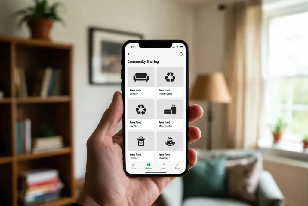 Person using a smartphone showing free item listings on a community sharing app in a UK home setting.
