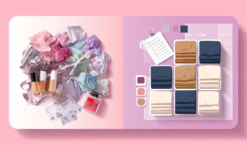 Before and after flatlay comparing messy pile of Zara returns with neat capsule wardrobe grid and beauty tools on pink background for WomenFreebiesUK article