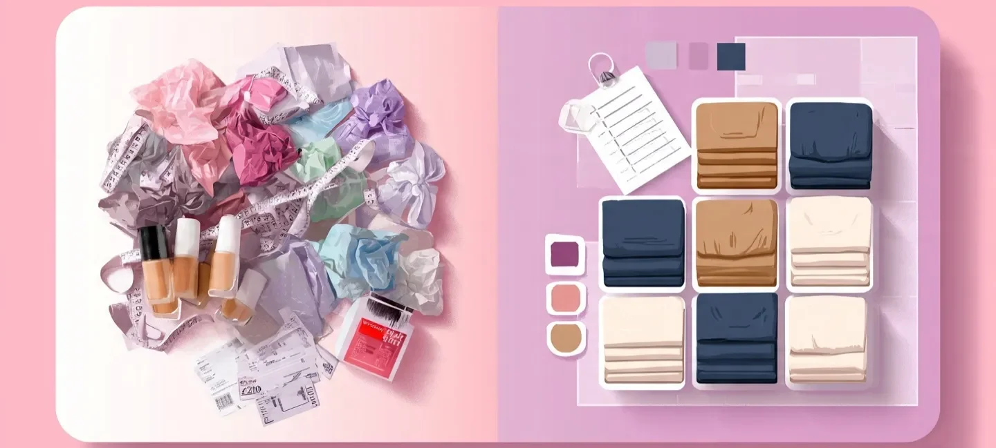 Before and after flatlay comparing messy pile of Zara returns with neat capsule wardrobe grid and beauty tools on pink background for WomenFreebiesUK article