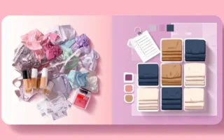 Before and after flatlay comparing messy pile of Zara returns with neat capsule wardrobe grid and beauty tools on pink background for WomenFreebiesUK article