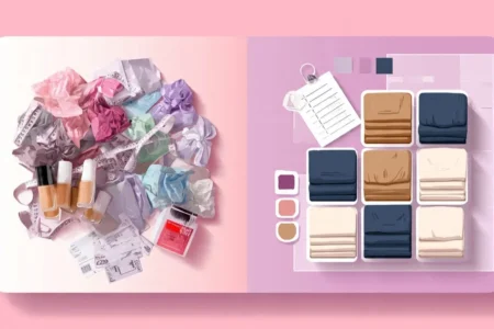 Before and after flatlay comparing messy pile of Zara returns with neat capsule wardrobe grid and beauty tools on pink background for WomenFreebiesUK article