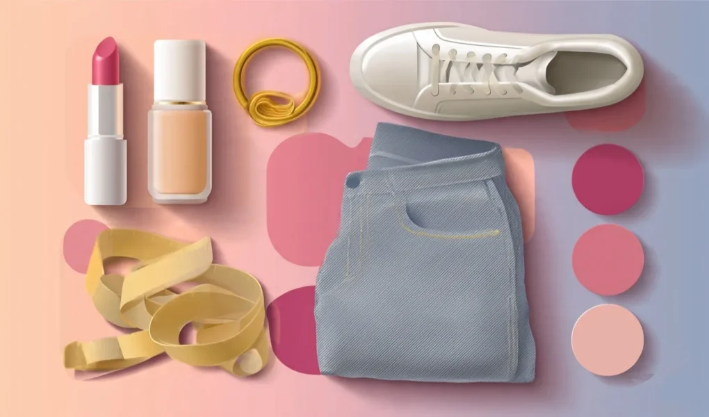 Flatlay of UK beauty and fashion items including lipstick, foundation bottle, gold ring with measuring tape, folded jeans, and white trainer on pink gradient background for WomenFreebiesUK tools
