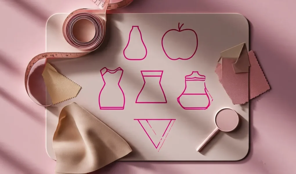 Flatlay illustration of measuring tape, body shape icons, and fabric swatches on pink gradient background for WomenFreebiesUK body shape calculator tool