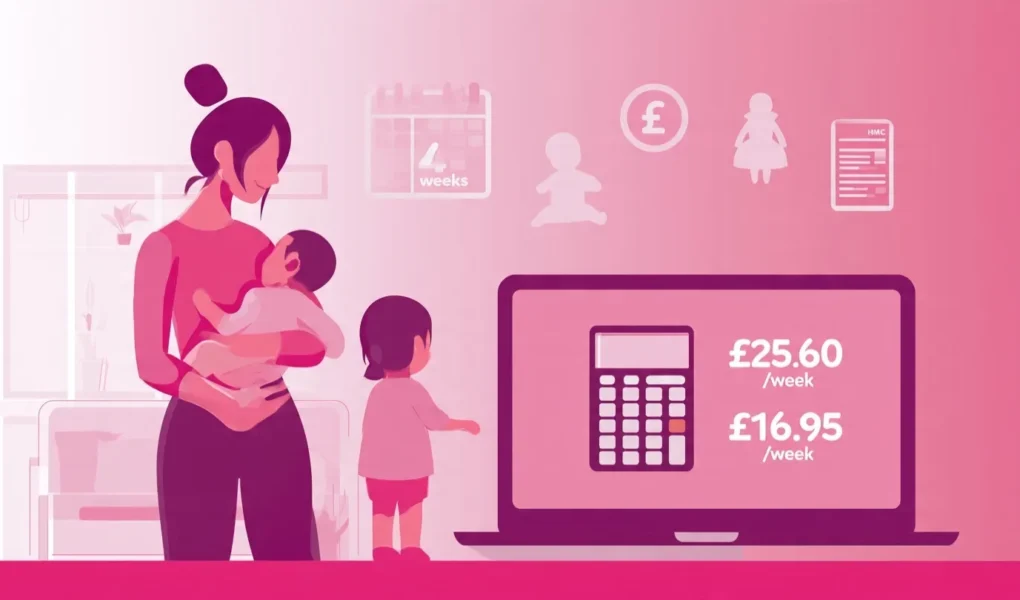A mum in her 30s holding a baby, with a toddler standing next to her looking at a laptop screen. The laptop shows a simple calculator with "£25.60/week" and "£16.95/week" in large text. Floating above: subtle icons — calendar showing "4 weeks", pound coin, child silhouette, and a small HMRC-style document.