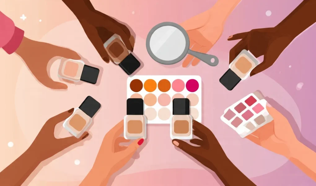 Flatlay illustration of UK beauty and fashion items including foundation bottle, lipstick, gold ring with measuring tape, folded jeans, and white trainer on pink to purple gradient background for WomenFreebiesUK calculators