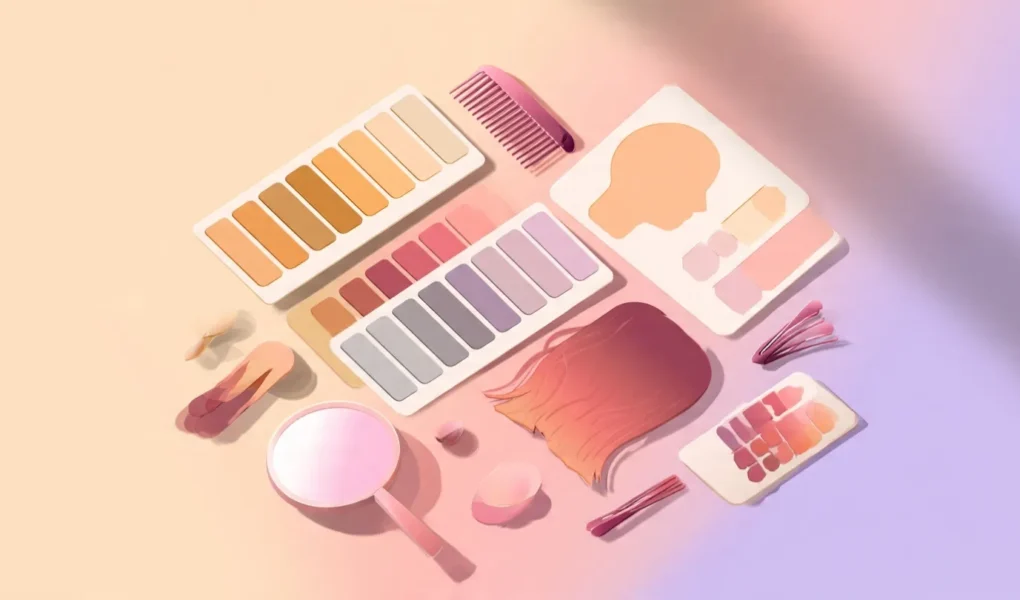 Flatlay illustration of hair colour swatch cards, round mirror, and face shape guide on pink gradient background for WomenFreebiesUK hair colour tool