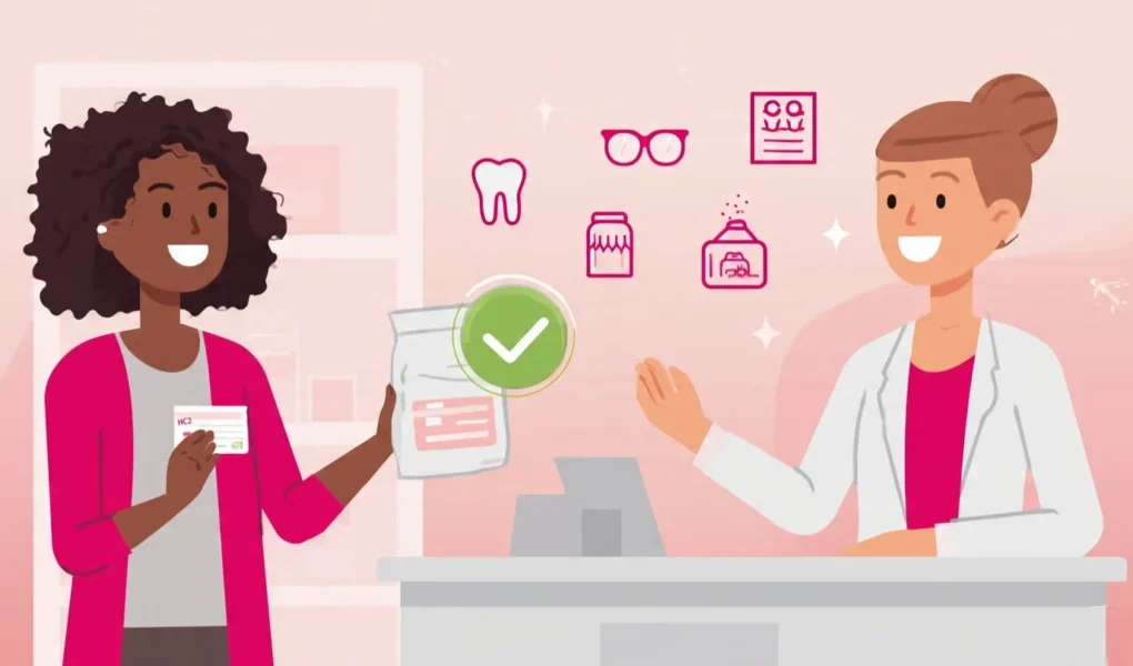 A diverse woman in her 30s at a pharmacy counter. Pharmacist is handing her a prescription bag with a green tick/checkmark overlay. On the counter: subtle icons floating above — tooth, glasses, eye chart, pill bottle, wig, hospital travel symbol. A small HC2 certificate card visible in her hand.