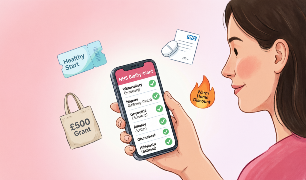 Illustration of UK woman checking NHS benefits eligibility on mobile phone showing Healthy Start, free prescriptions, and maternity grant with tick marks on pink gradient background