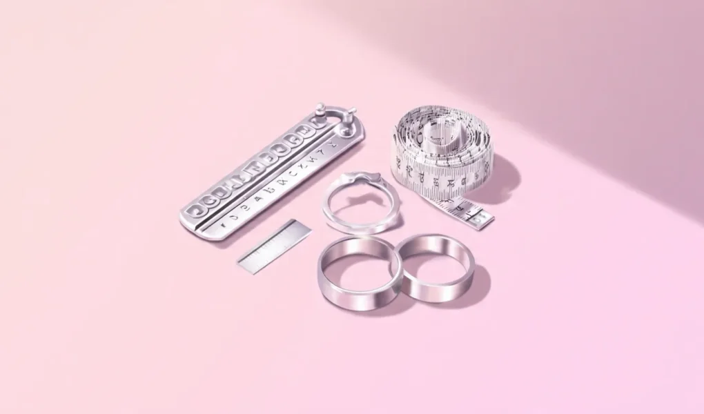 Flatlay illustration of UK ring sizer with letters, measuring tape, and silver rings on pink gradient background for WomenFreebiesUK ring size converter tool