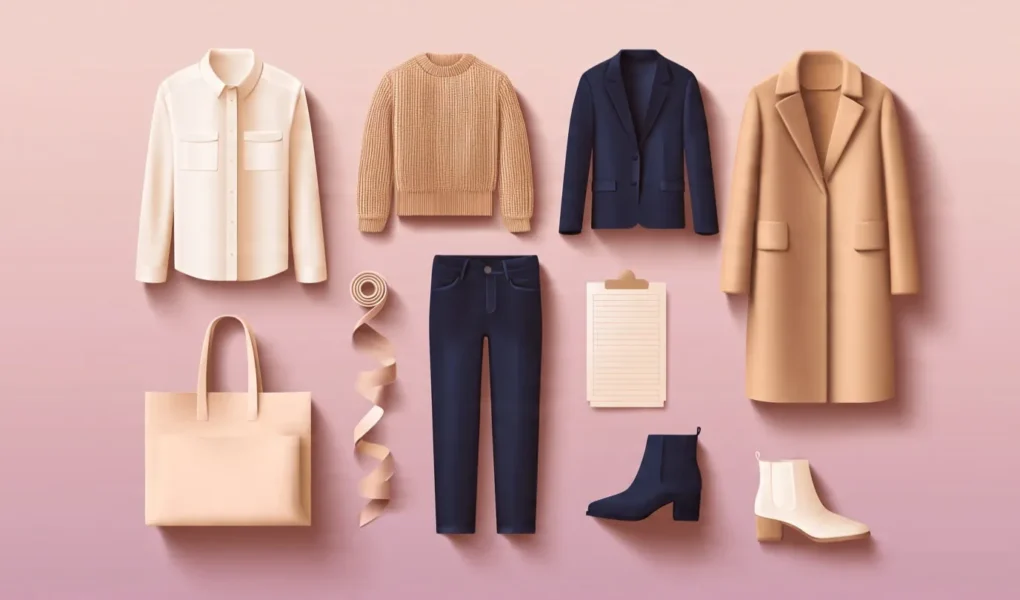 Flatlay illustration of capsule wardrobe items in navy and camel palette with checklist on pink gradient background for WomenFreebiesUK wardrobe planner tool