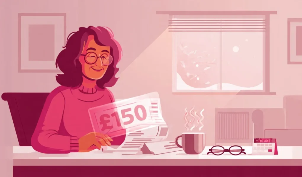 A woman in her 60s smiling, looking at an electricity bill on her kitchen table. A large £150 stamp/overlay graphic shows "£150 OFF" on the bill. Next to her, a subtle radiator icon with warm glow lines. On the table: a mug of tea, reading glasses, and a small calendar showing October-March highlighted. Background: cosy living room, window showing cold weather outside but home feels warm inside.