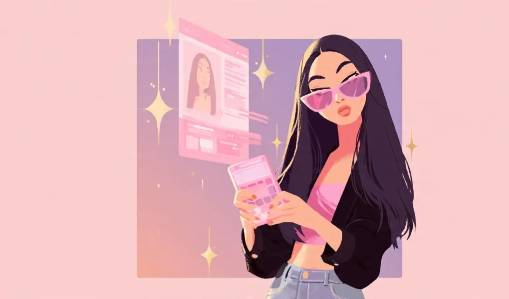 Illustration of a UK woman using the Female Delusional Calculator to check what percentage of British men match her dating standards, with pink gradient background