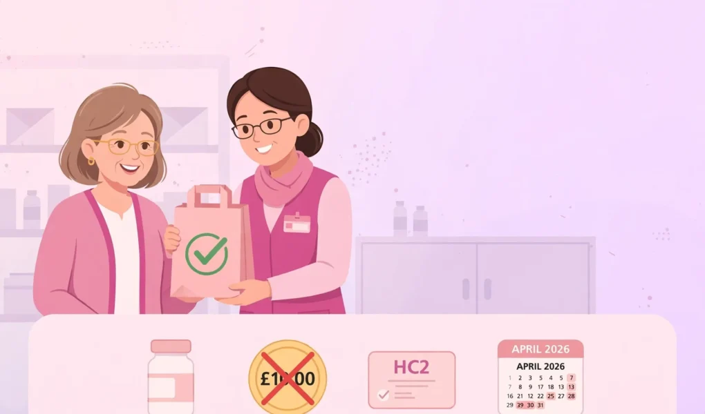 Free Prescription Calculator! Woman at pharmacy counter receiving free NHS prescription with green tick, HC2 certificate and £10 crossed out — 2026/27 UK