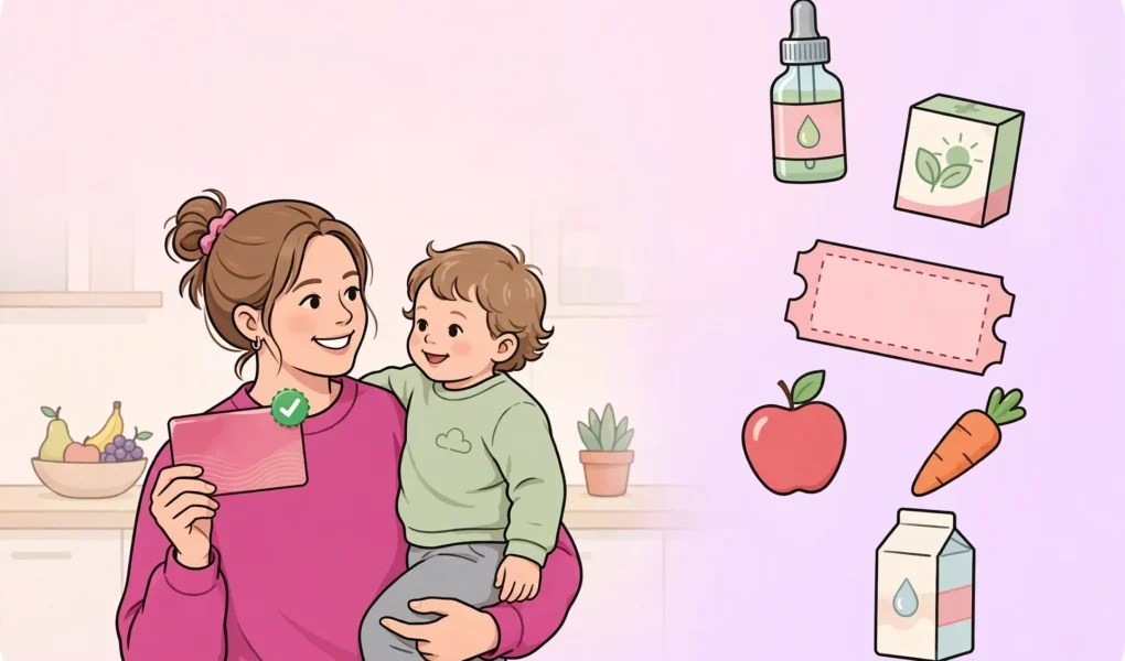 Mum with toddler using Healthy Start Vitamins Finder card for free NHS vitamins and £4.25 weekly food vouchers — 2026/27 UK
