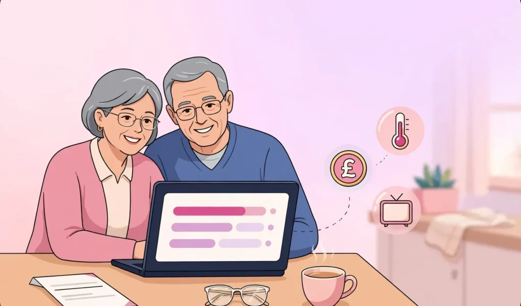 Elderly couple checking Pension Credit top-up calculator showing £227.10 per week with NHS and Warm Home Discount icons — 2026/27 UK
