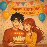 Happy Birthday, Darling! Cute cartoon anime couple celebrating husband’s birthday