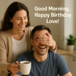 Good Morning, Happy Birthday Love! Coffee and breakfast surprise birthday image for husband